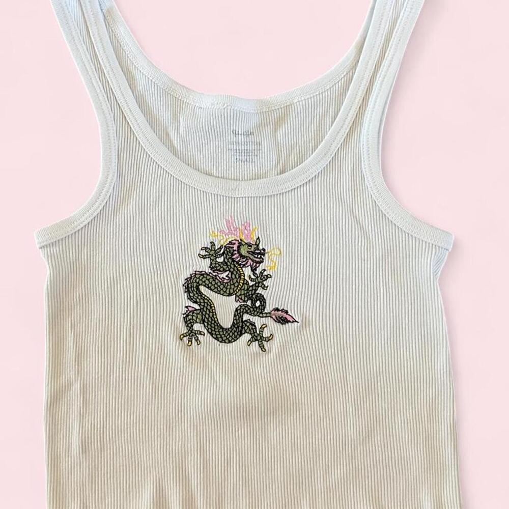 Streetwear John Galt White tank top with green dragon embroidered graphic -S